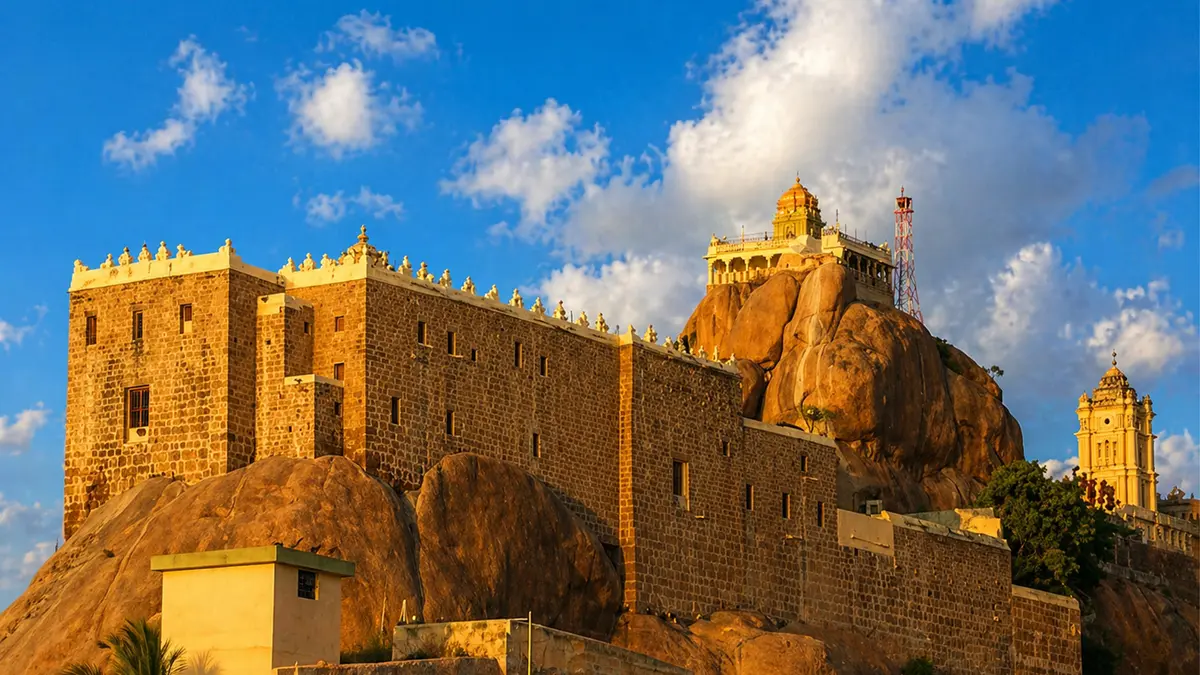Historic hilltop shrine rising above massive granite rock formations