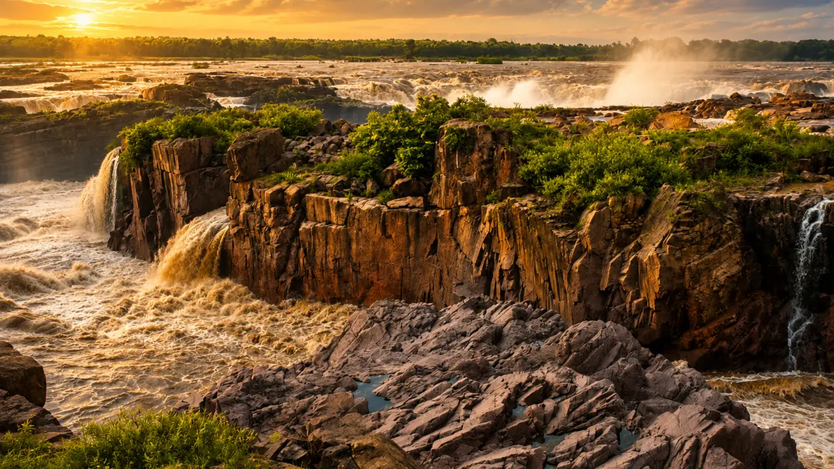 Powerful waterfalls flowing through rugged canyon landscapes at sunset