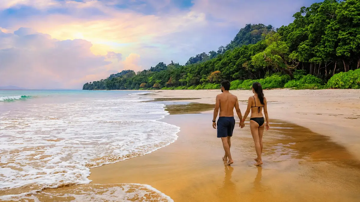 Couple enjoying a peaceful beach walk in Andaman