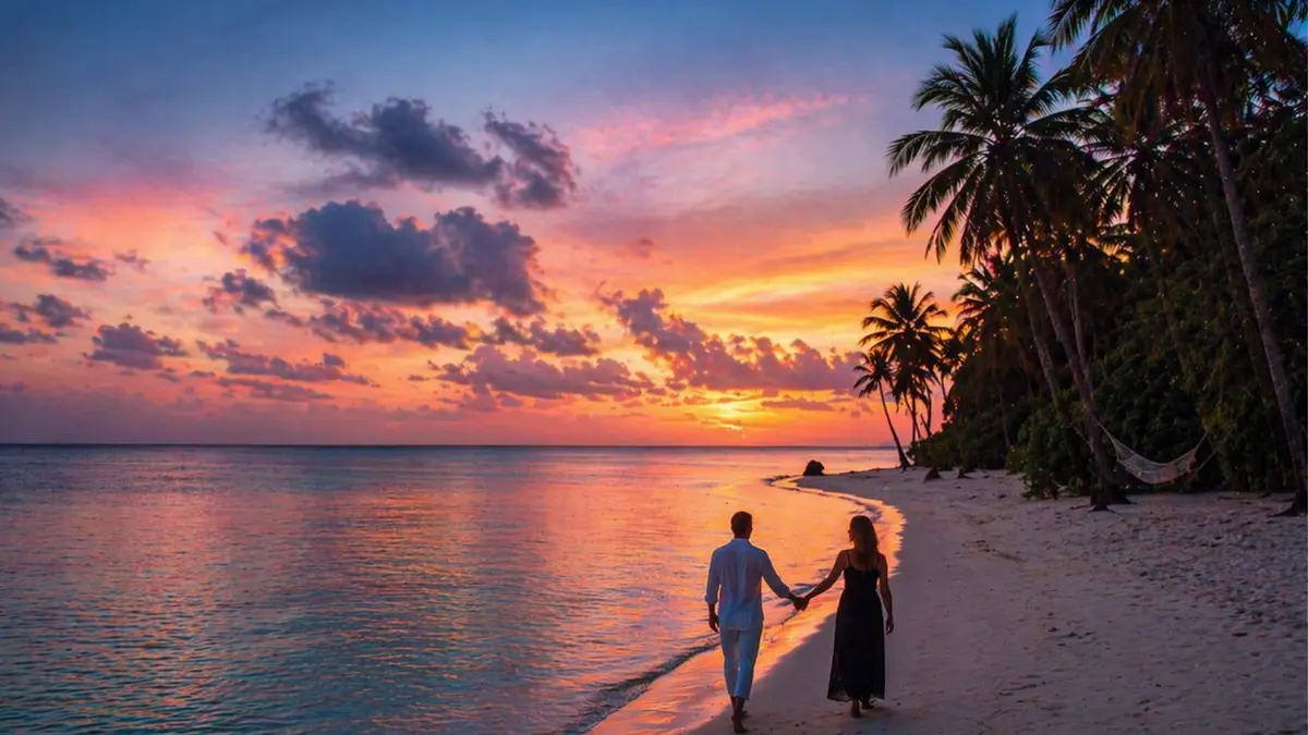 Couple enjoying a romantic sunset walk along a peaceful Goa beach