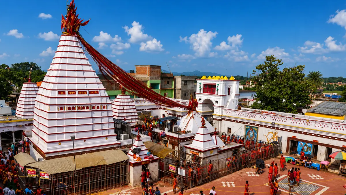 Devotees gathering in a vibrant temple courtyard during a religious festival