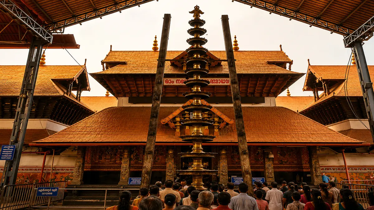 Sacred lamp tower standing in the courtyard of a traditional Kerala shrine