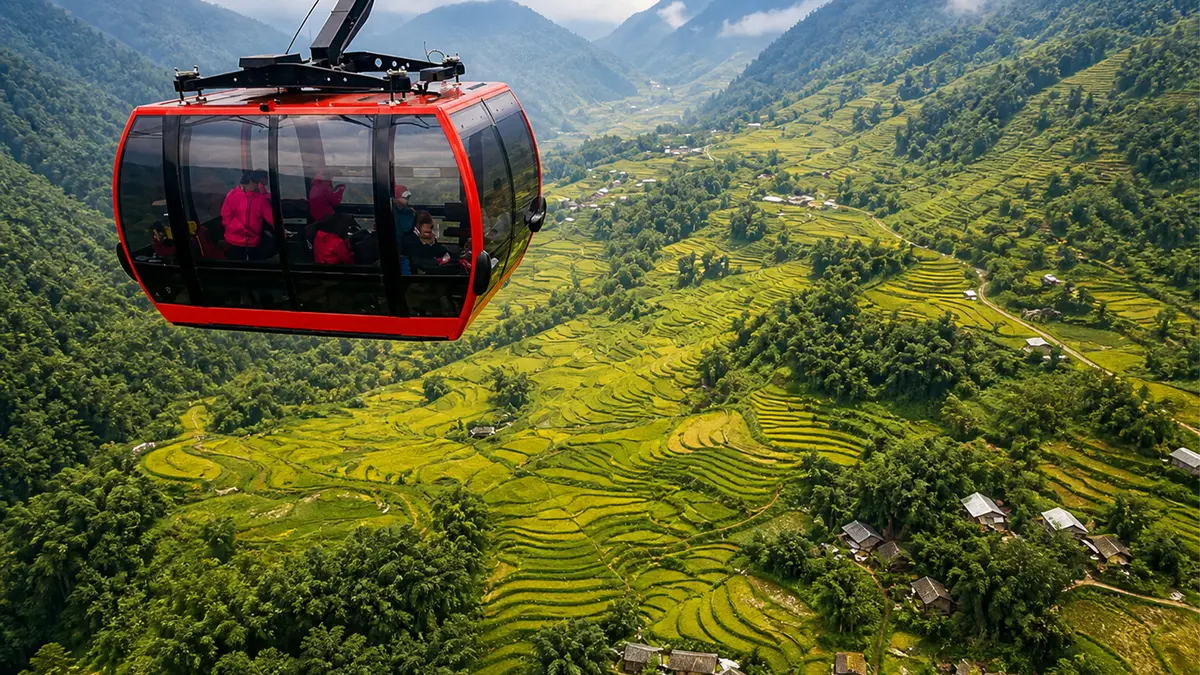 Sapa cable car above lush terraced rice fields in northern Vietnam