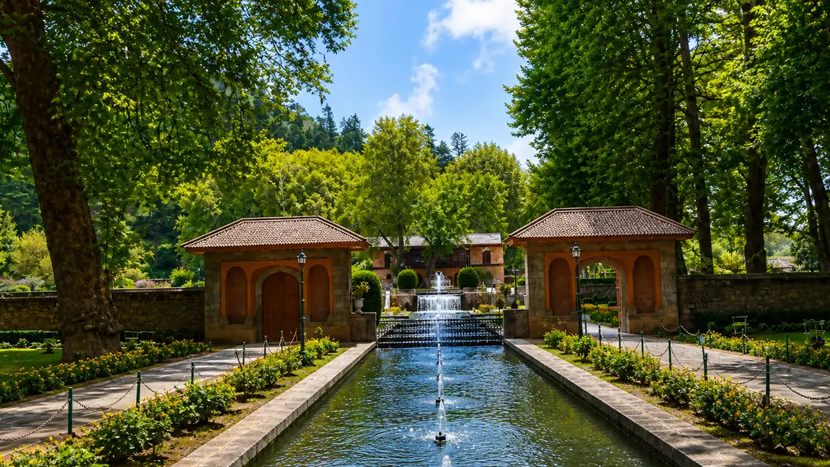Beautiful Shalimar Mughal Garden in Srinagar surrounded by fountains and lush greenery