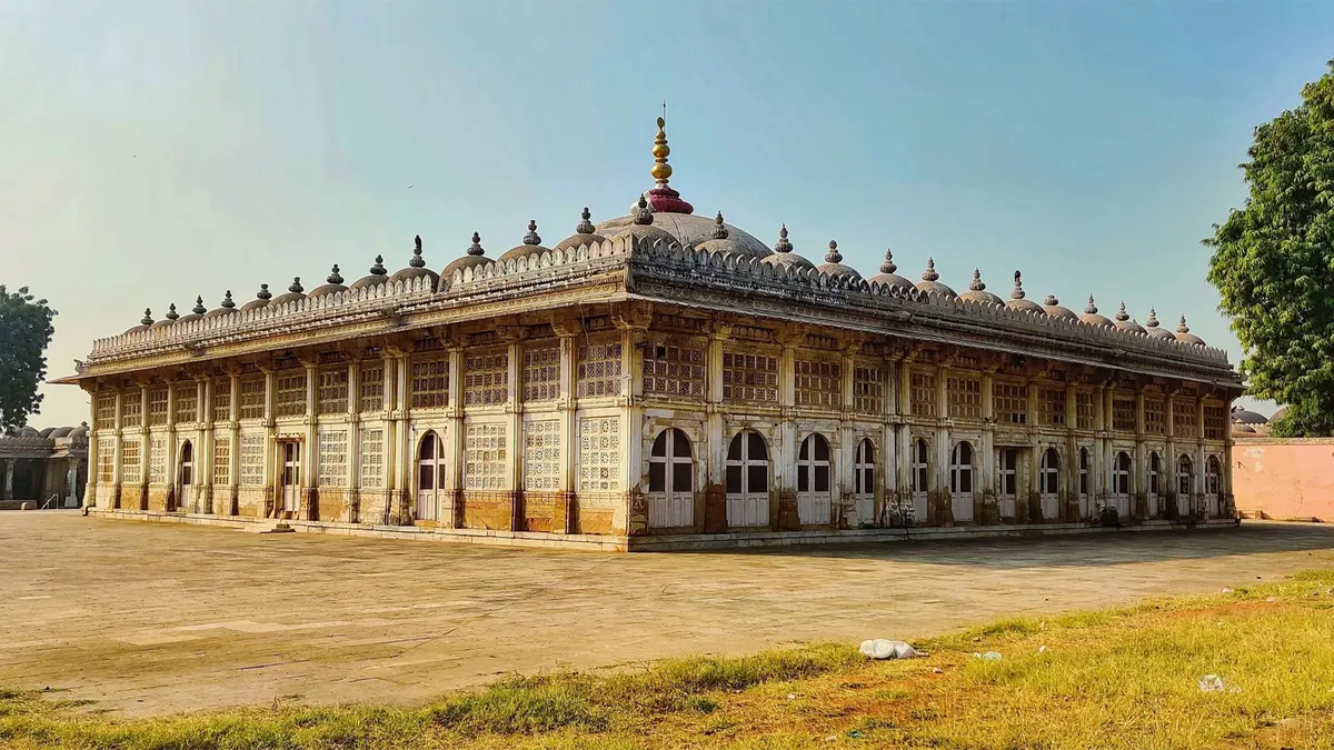 Historic Sidi Saiyyed Mosque known for its iconic stone lattice work