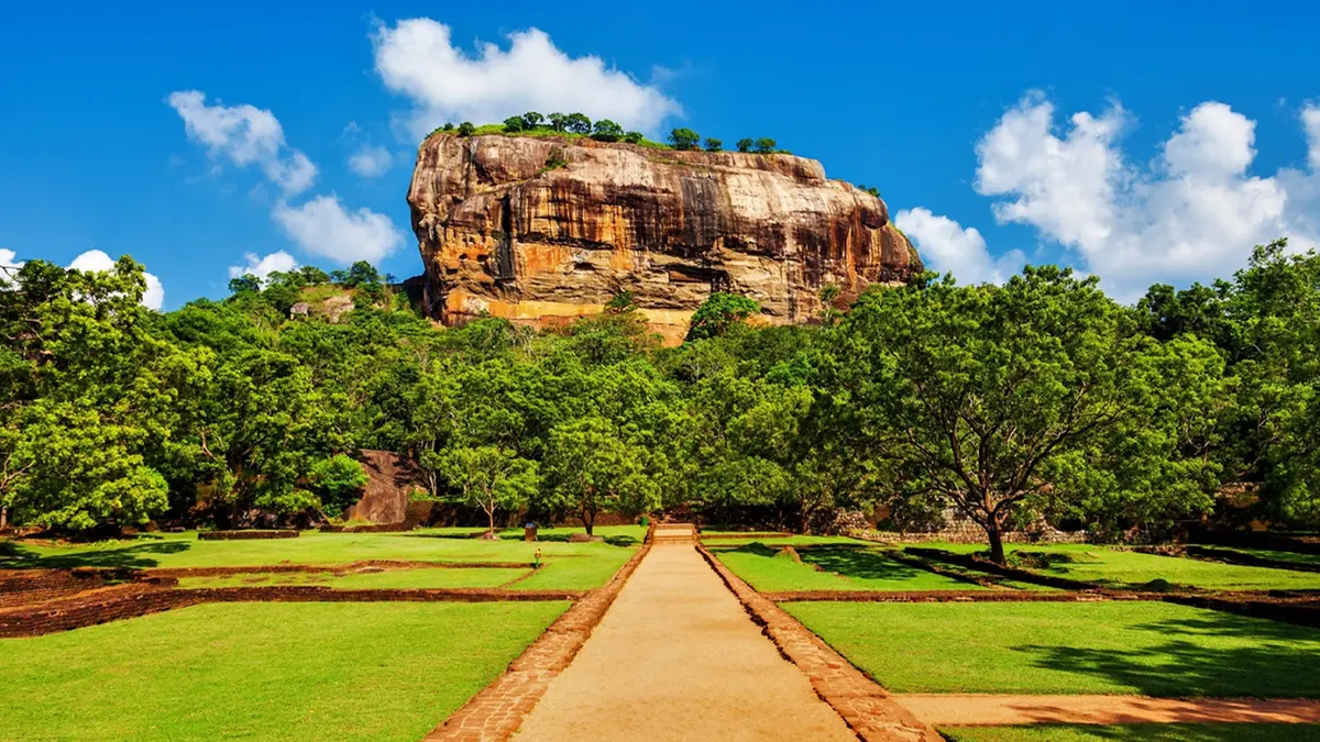 Sigiriya Lion Rock fortress surrounded by royal gardens