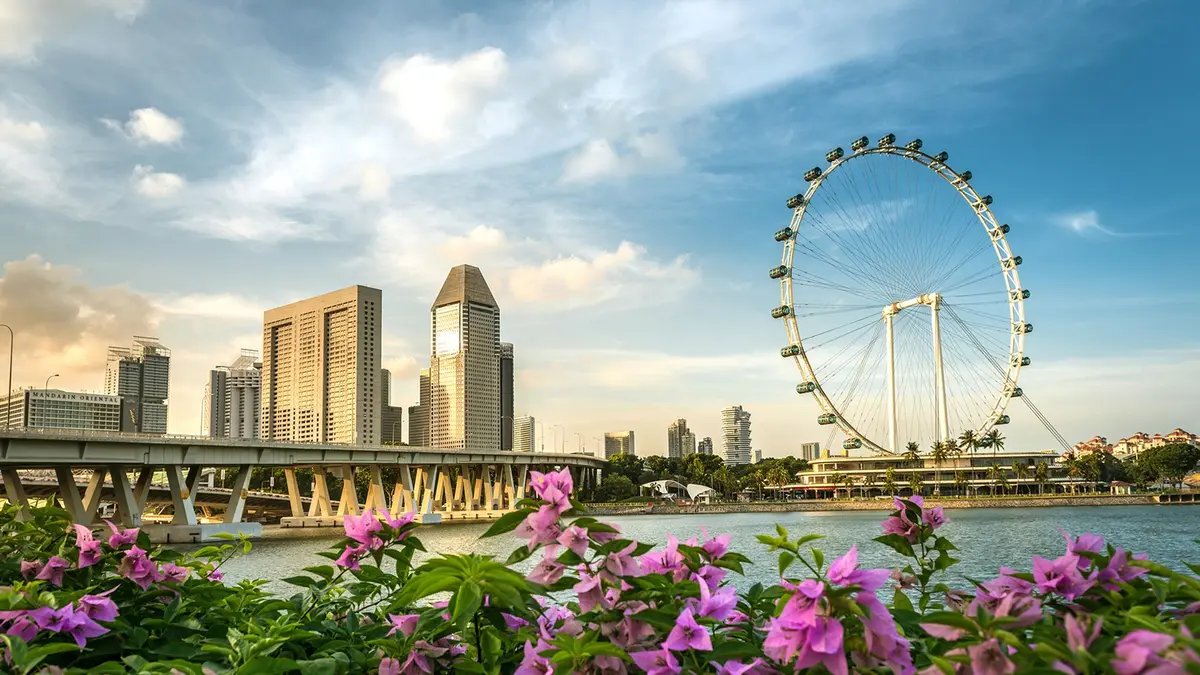 Singapore Flyer overlooking the modern skyline and Marina Bay waterfront