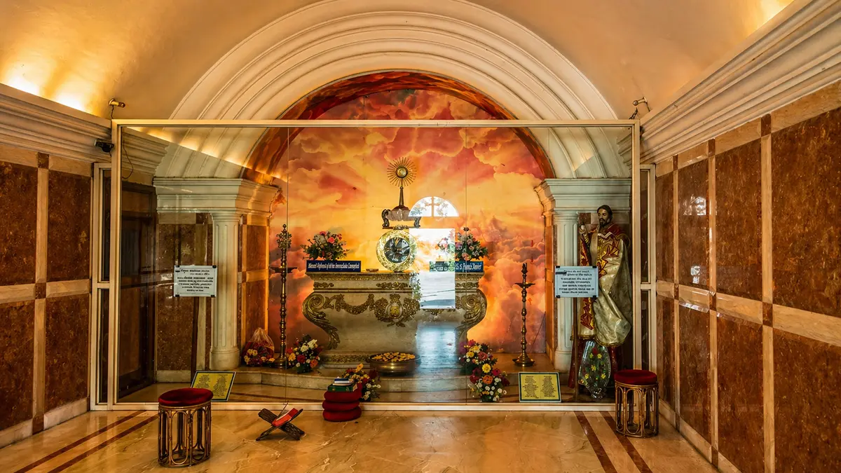 Historic chapel interior at St. Thomas Church Museum in Diu