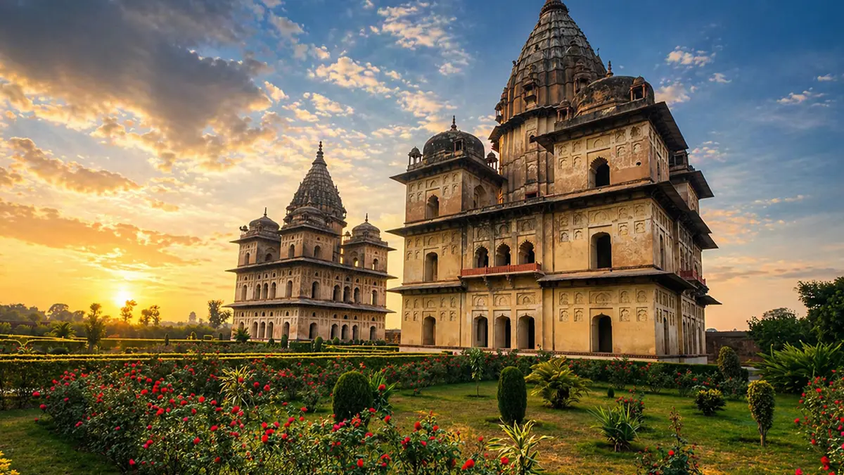 Historic temple estate surrounded by landscaped gardens during sunset