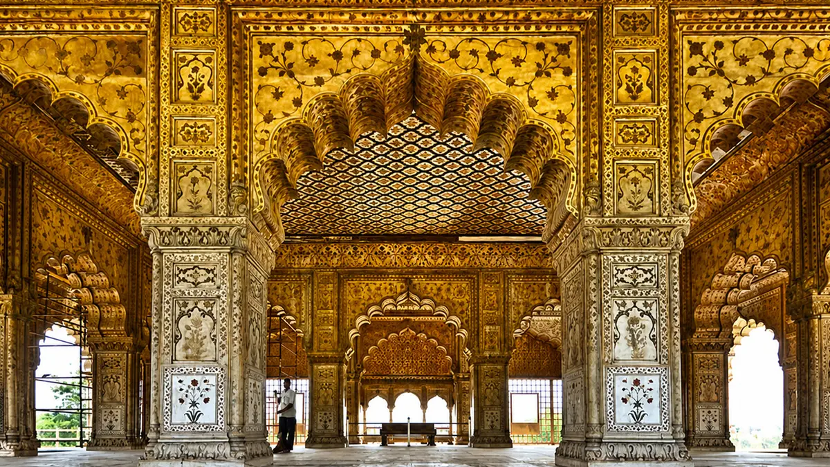 Intricate marble carvings and arches inside the Taj Mahal Agra