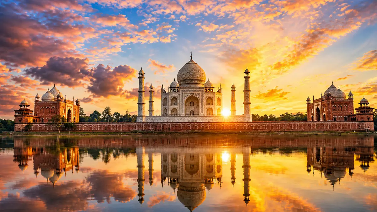 Sunrise view of the Taj Mahal with reflection in Agra Uttar Pradesh