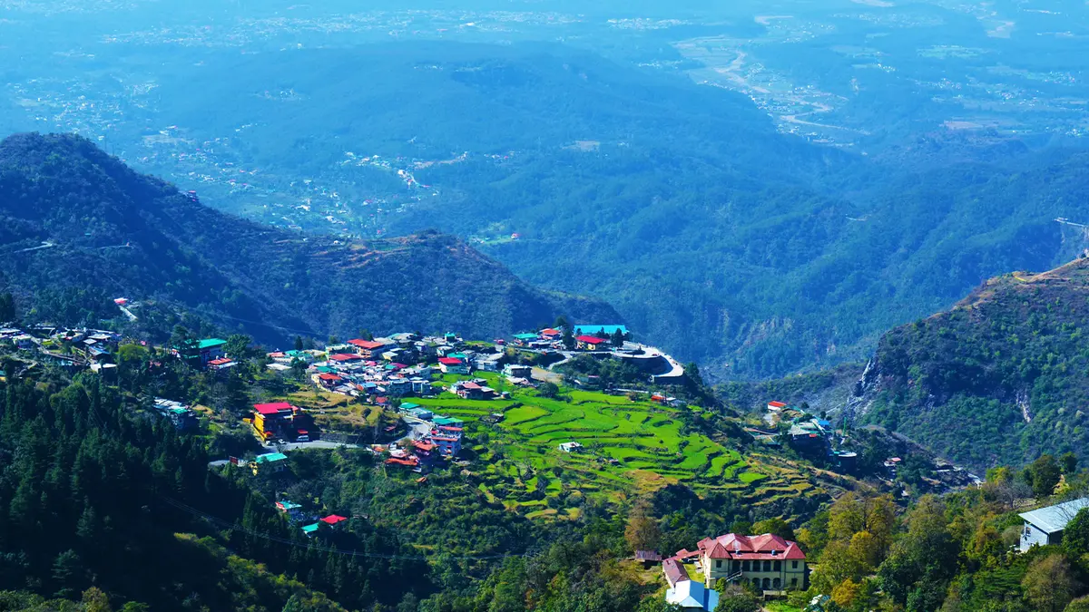 Picturesque terraced fields and hill settlements surrounded by mountains