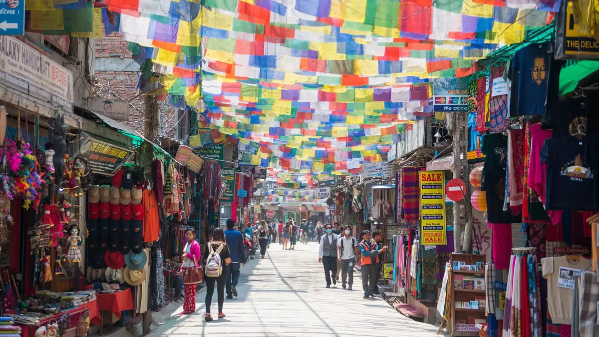 Colorful shopping street in Thamel market area of Kathmandu Nepal