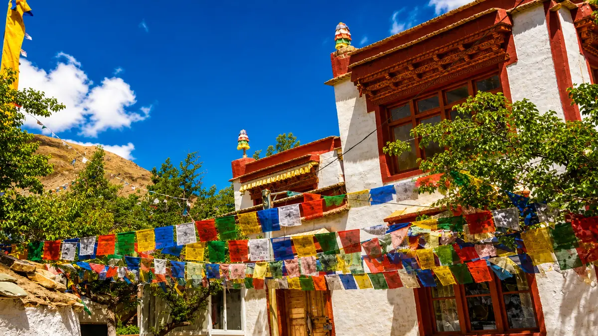 Traditional Thiksey Monastery with Buddhist prayer flags in Ladakh