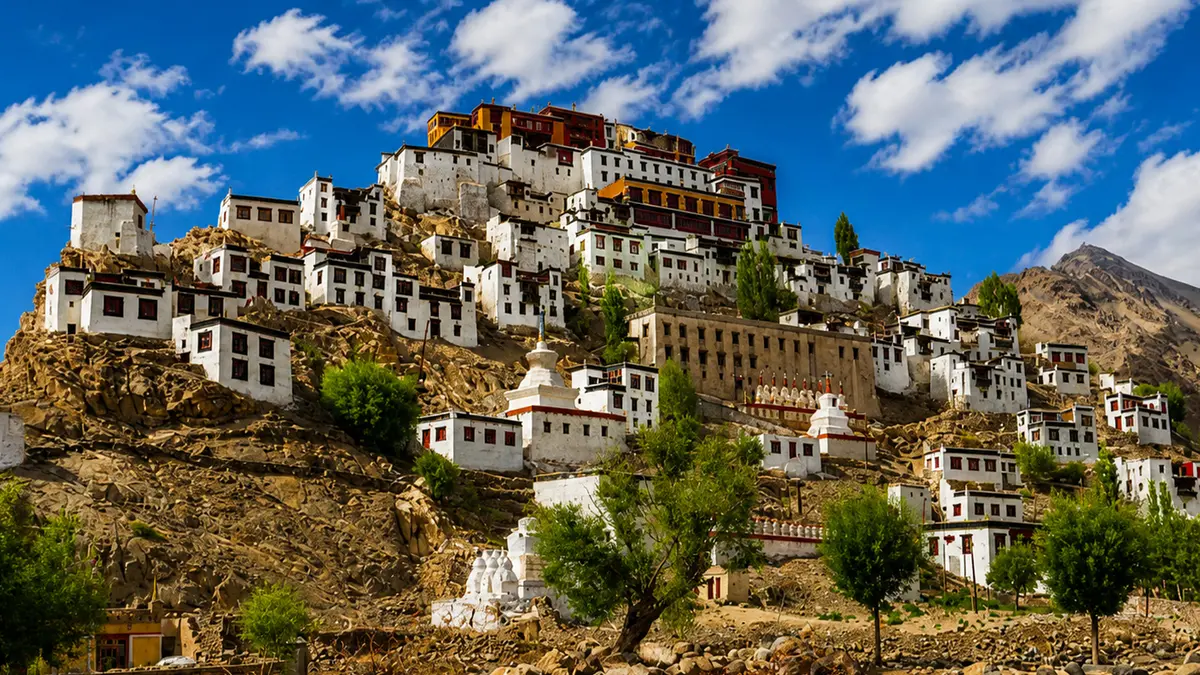 Panoramic view of Thiksey Monastery on a hillside in Leh