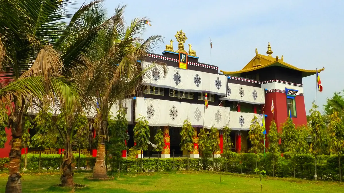 Peaceful Tibetan Buddhist Monastery surrounded by gardens