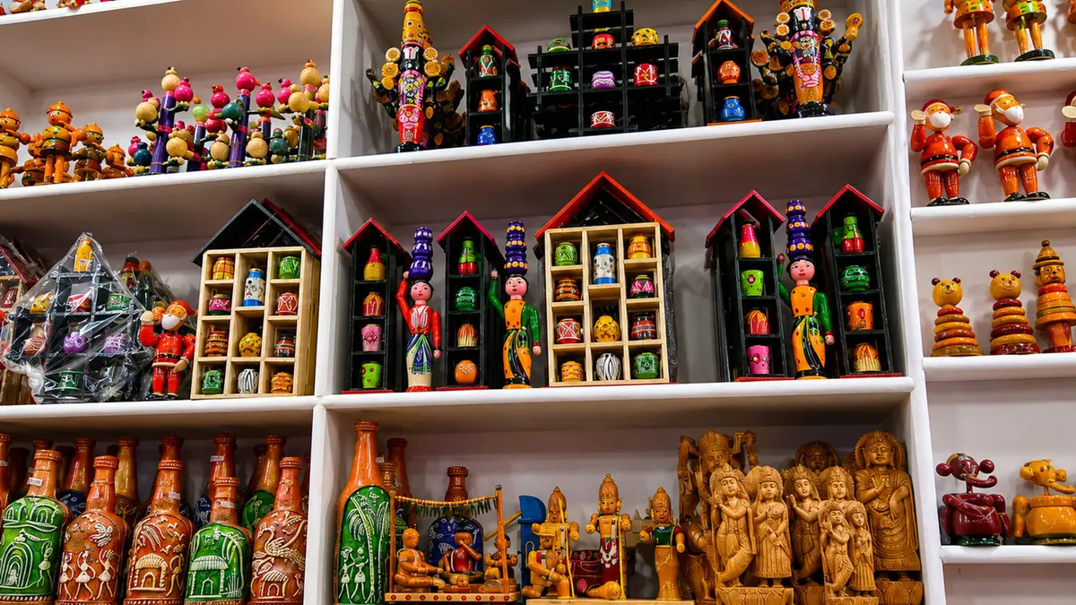 Colorful handmade souvenirs and traditional handicrafts displayed in a local market