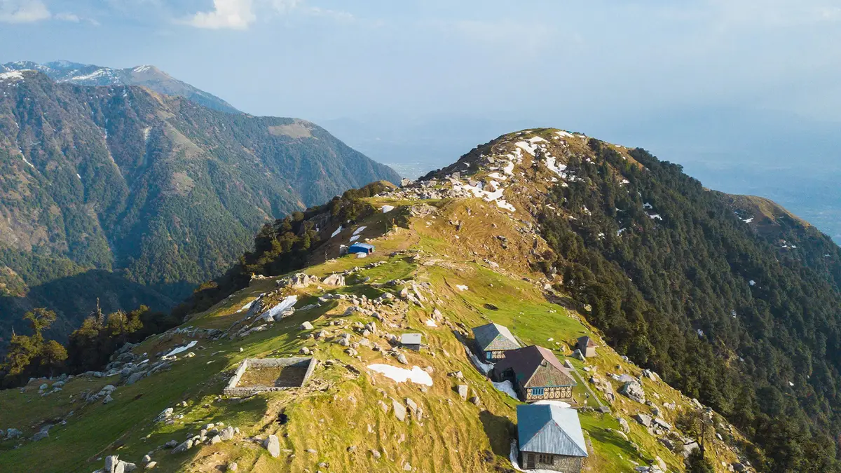 Aerial view of Triund ridge and trekking campsite in the Dhauladhar Himalayas