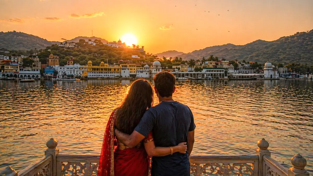 Couple watching a golden sunset over Lake Pichola with the historic Udaipur waterfront skyline