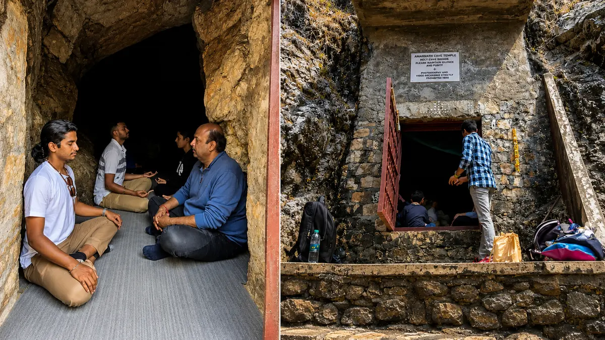 Visitors practicing meditation inside a secluded underground chamber