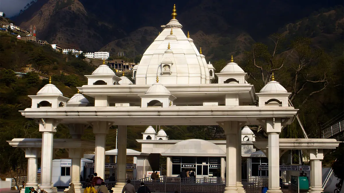 Main Vaishno Devi Shrine entrance with white marble architecture in Katra, Jammu