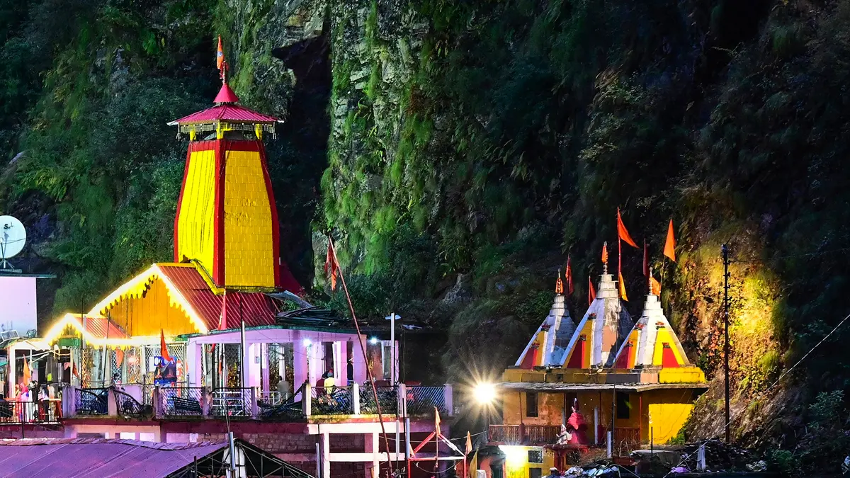 Illuminated Yamunotri Temple at night during the sacred yatra
