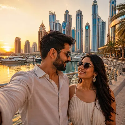 Sunita Joshi and her partner enjoying a Dubai Marina holiday at sunset