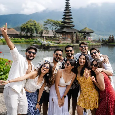 Vijay Reddy enjoying a Bali temple tour with a group of eight friends