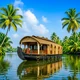 Kerala backwaters with traditional houseboat and palm trees