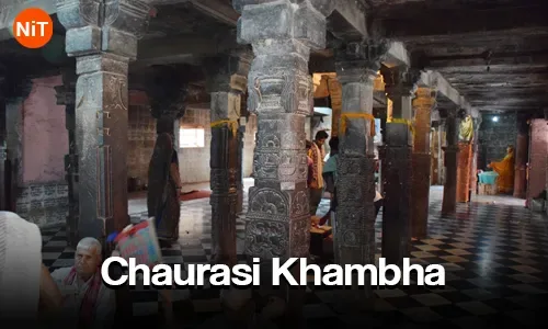 Carved stone pillars inside Chaurasi Khamba in Gokul