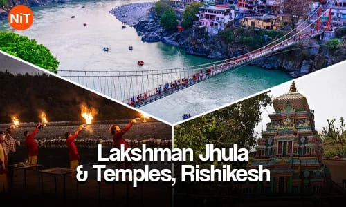 Lakshman Jhula bridge and riverside temples in Rishikesh