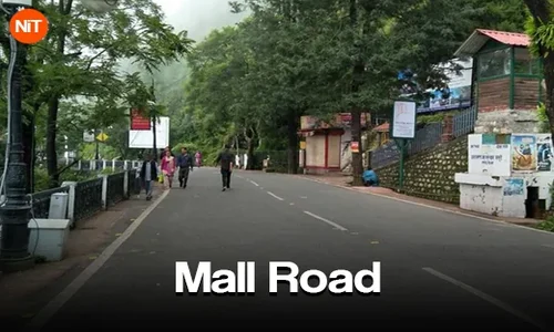 Mall Road in Mussoorie with shops and hill views