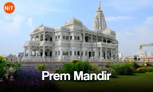 White marble Prem Mandir surrounded by gardens in Vrindavan