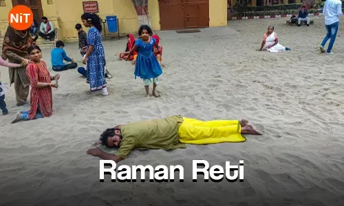 Devotees resting on the sacred sand at Raman Reti Gokul