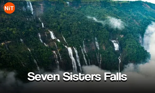 Seven Sister Falls cascading over green cliffs in Cherrapunji Meghalaya