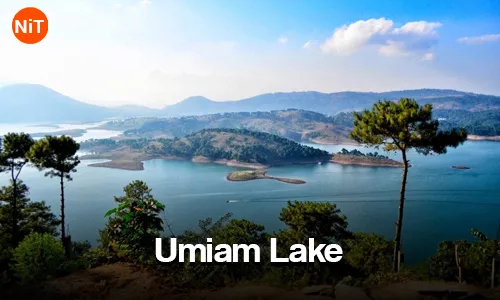 Umiam Lake surrounded by pine-covered hills near Shillong Meghalaya