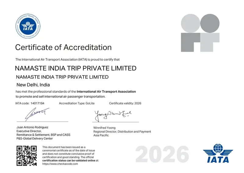 IATA accredited travel agent certificate 2026 for Namaste India Trip Private Limited