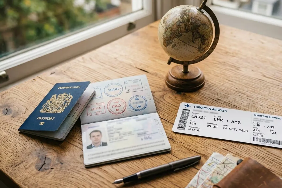 Travel documents and passport prepared for a visa assistance request