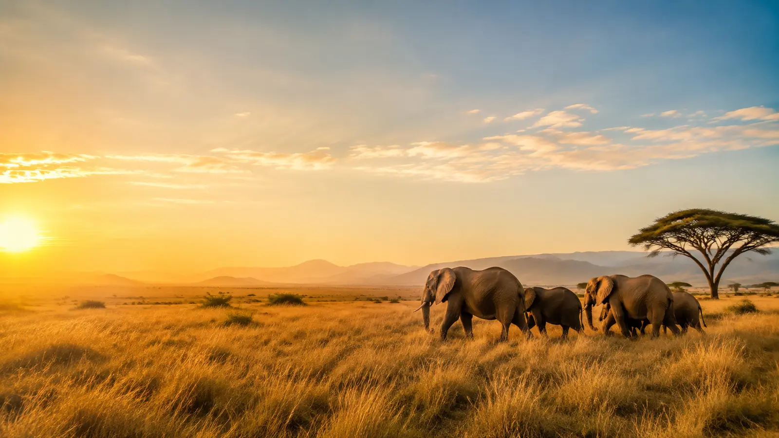 African savannah landscape with wildlife during golden light