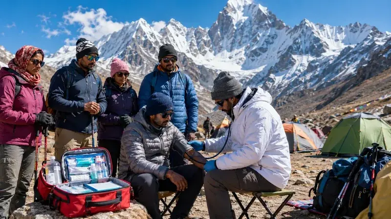 Mountain campsite surrounded by Himalayan peaks on Adi Kailash route