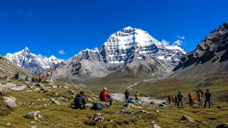 Helicopter landing at Adi Kailash helipad during Himalayan pilgrimage