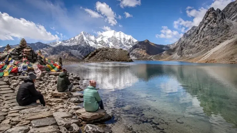 Pilgrim meditating beside Parvati Sarovar near Adi Kailash